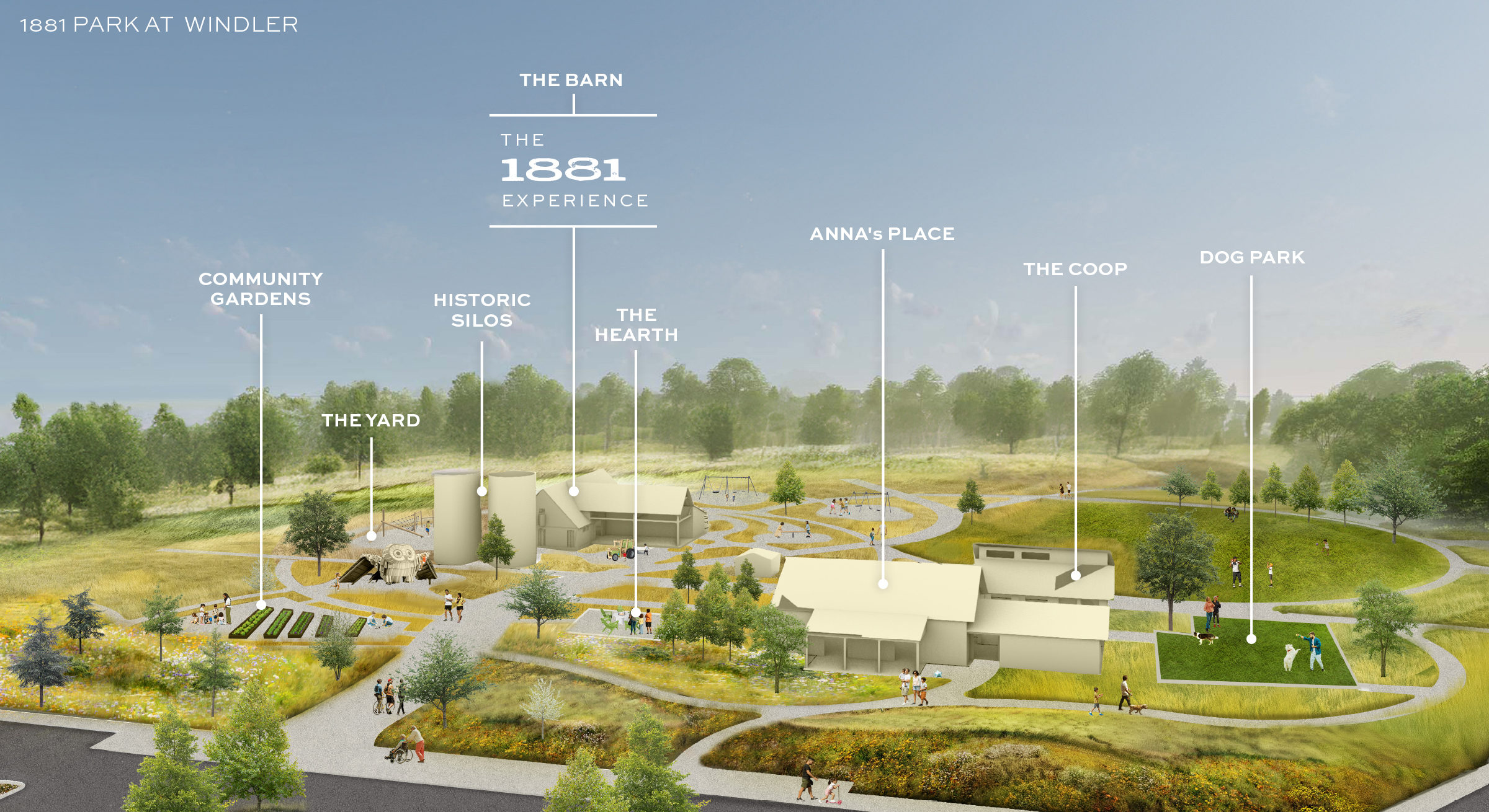 Aerial rendering of 1881 Park: lawns, paths, gardens, and the restored barn among the trees